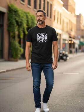 Black Graphic Short-Sleeve Tee with White Cross Logo
